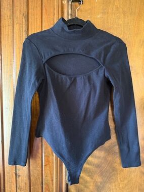 Black Long Sleeve Mock Neck Bodysuit with Front Cutout